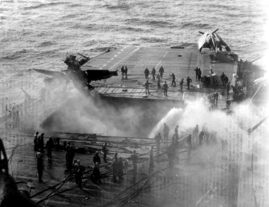 USS Enterprise (CV-6) after being hit by a Mitsubishi A6M Zero Kamikaze - 14 May 1945 (50231617063)