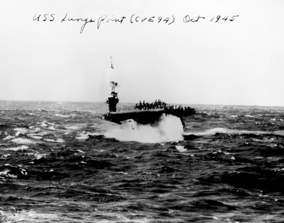 USS Lunga Point (CVE-94) In heavy seas during a western Pacific storm, October 1945 (50984997408)