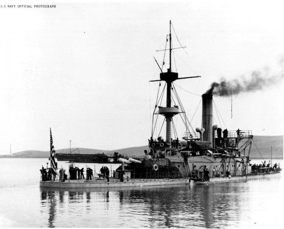 USS Monadnock (BM-3) is seen off Mare Island Navy Yard, CA, June 1898, ready for her voyage to the Philippines. The old monitor Camanche is visible beyond Monadnock's after turret. (49556858842)