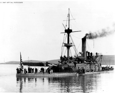 USS Monadnock (BM-3) is seen off Mare Island Navy Yard, CA, June 1898, ready for her voyage to the Philippines. The old monitor Camanche is visible beyond Monadnock's after turret. (49556858842) photo
