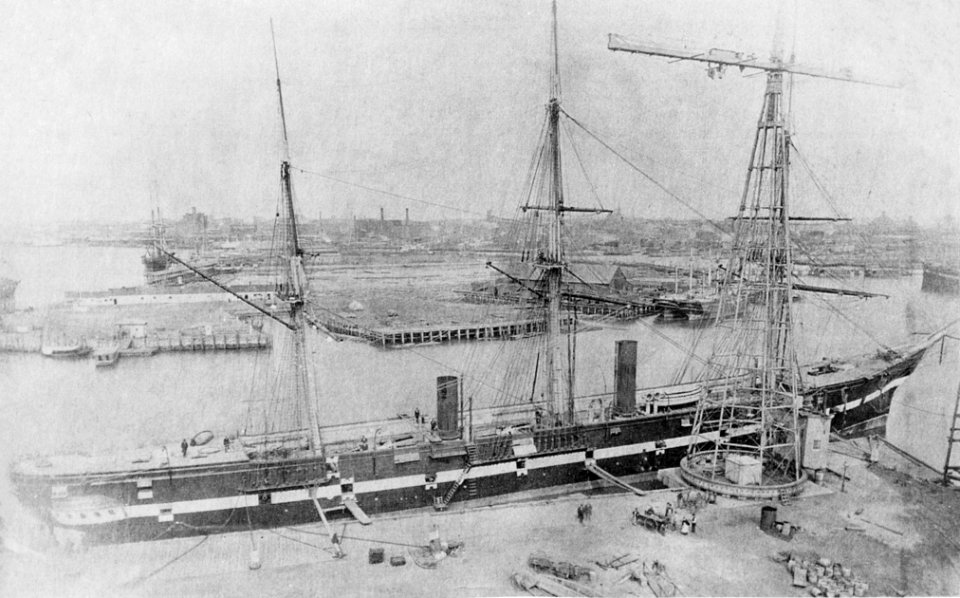 USS Tennessee (1865) at Brooklyn Navy Yard in 1875,during her conversion to a gun-deck frigate. (51162332986)