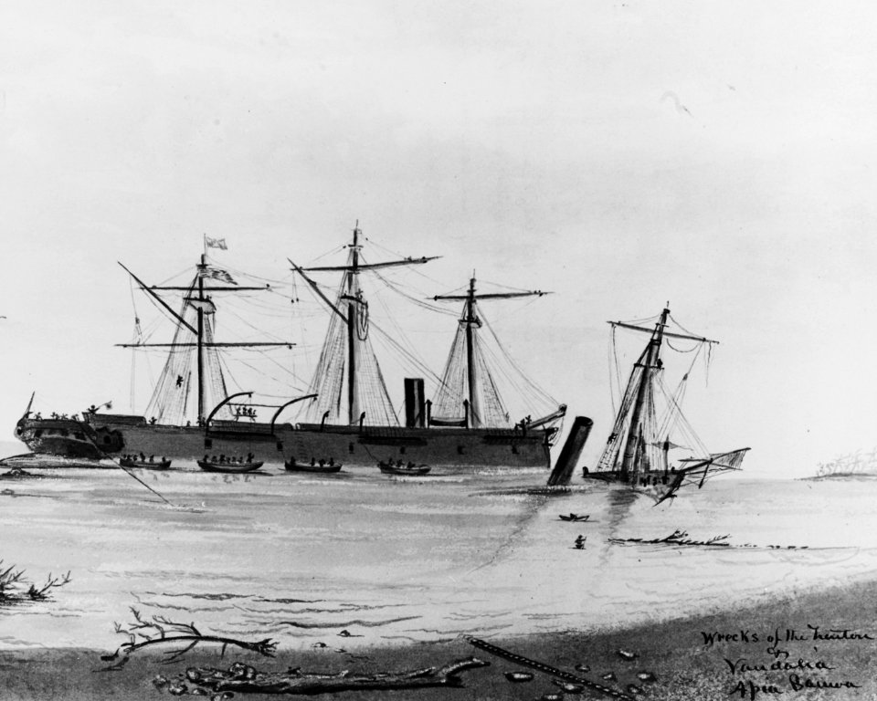 USS Vandalia sunk shortly after the hurricane, with USS Trenton wrecked alongside at Apia Samoa, 15-16 March 1889. (50345797322)