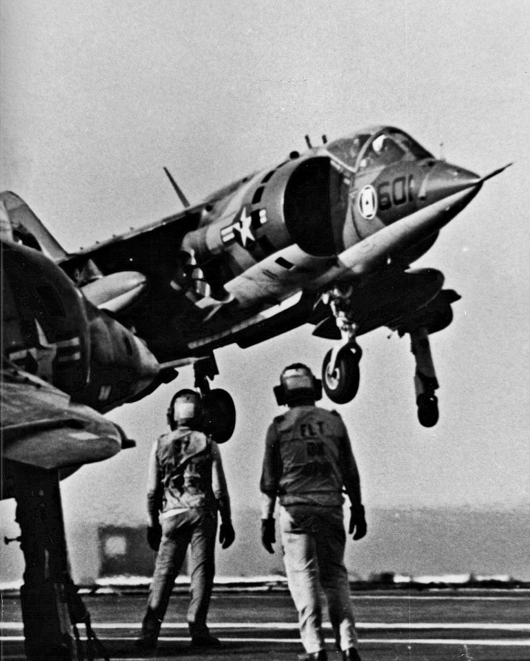 AV-8A of VMA-231 hovering over USS FD Roosevelt (CV-42) in 1976