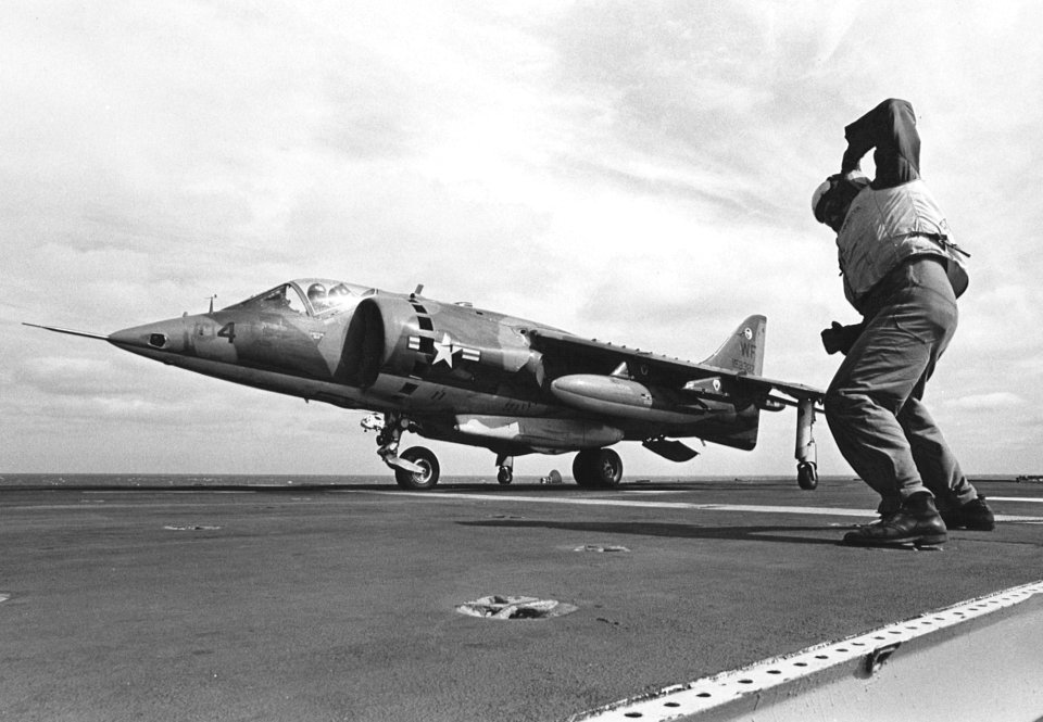 AV-8A VMA-513 taking off from USS Guam (LPH-9) 1972