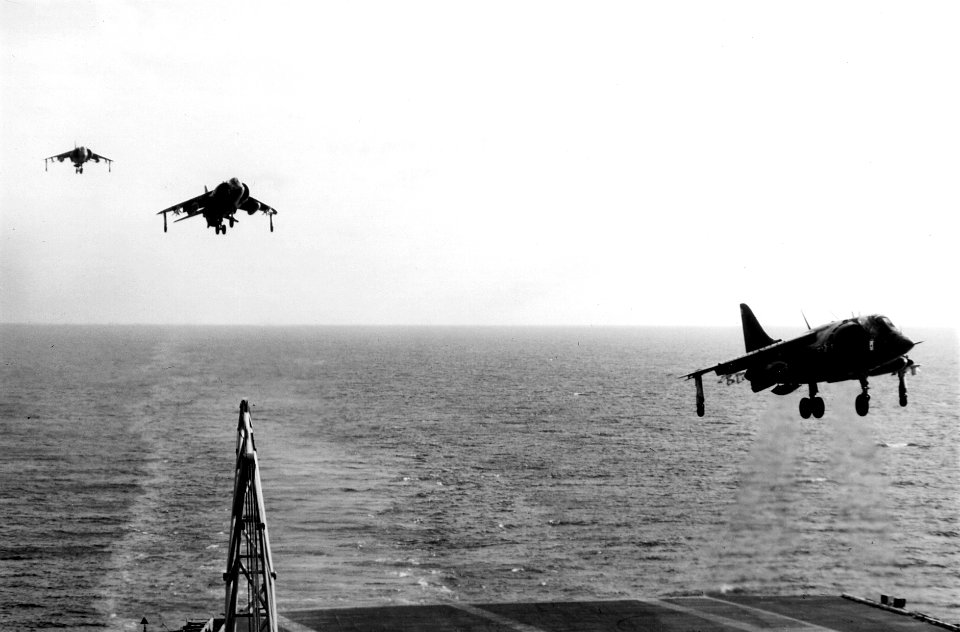 AV-8As VMA-231 approaching USS FD Roosevelt (CV-42) 1977