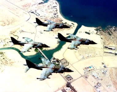 AV-8A Harriers VMA-513 in flight near MCAS Yuma 1975
