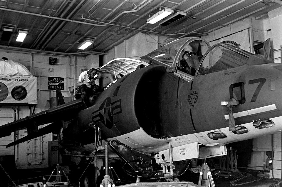 AV-8C Harrier on the hangar deck of USS Guadalcanal (LPH-7), 1983