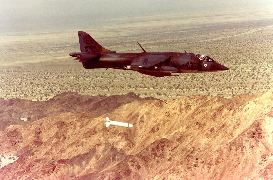 AV-8A Harrier of VMA-231 drops Rockeye bomb in 1979