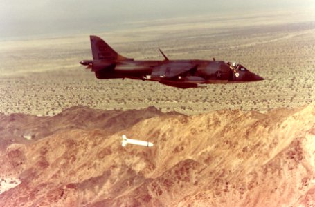 AV-8A Harrier of VMA-231 drops Rockeye bomb in 1979