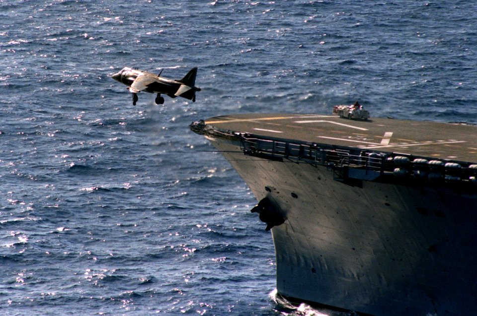AV-8C VMA-513 taking off from USS Guadalcanal (LPH-7) 1983