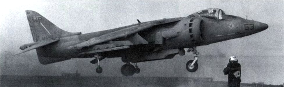 AV-8B Harrier II of VMA-223 lands aboard USS Ponce (LPD-15), circa in 1994