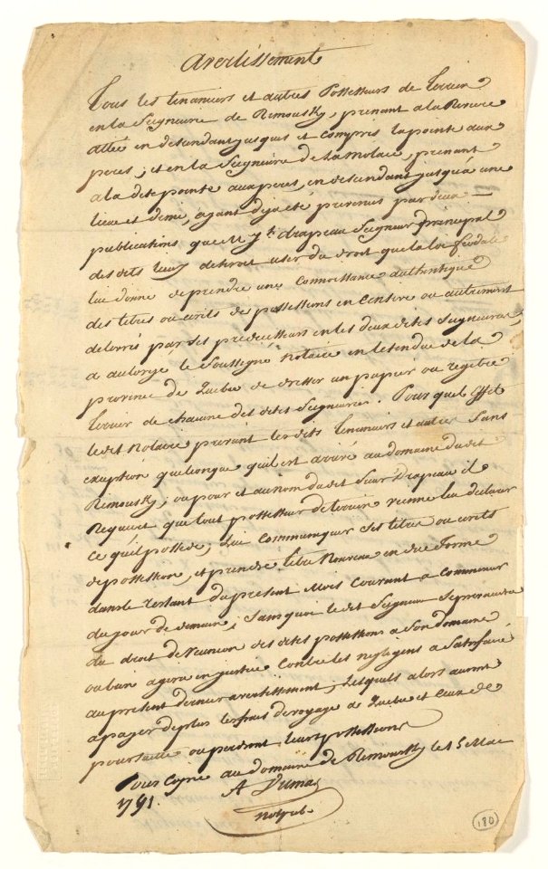 Avertissement Seigneurie de Rimouski 1791