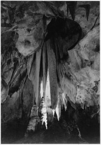 Onyx drapes in the 'Papoose Room,' Carlsbad Caverns National Park, New Mexico. (vertical orientation), 1933 - 1942 - NARA - 520041