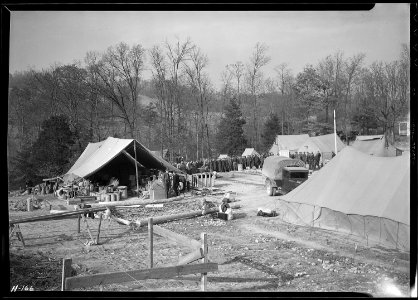 Partial view of CCC Camp, TVA ^23, between Walker's Ford and Lone Mountain, Tennessee. In the right background are... - NARA - 532784