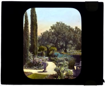 Piranhurst, Henry Ernest Bothin house, 371 Cold Spring Road, Montecito, California. Birdbath on walkway LCCN2007684882