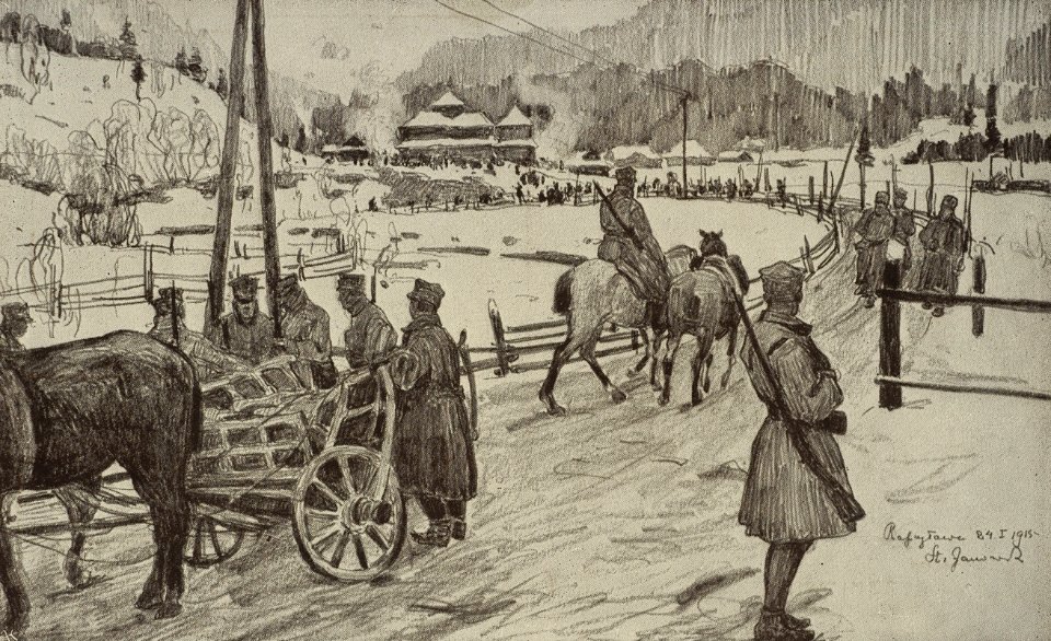 Podczas bitwy w Rafajłowej, rys. Stanisław Janowski (1915)