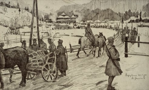Podczas bitwy w Rafajłowej, rys. Stanisław Janowski (1915)