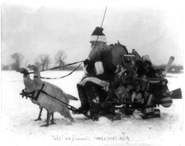 Santa Claus with Christmas toys on a sled drawn by white turkeys LCCN2005686533