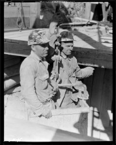 Shaftmen coming out of the test shaft at Norris Dam site. - NARA - 532669