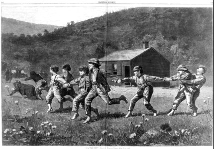 Snap-the-Whip (9 boys playing in front of rural schoolhouse) LCCN99614195 photo