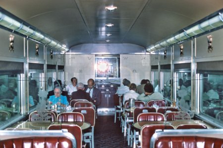 Taken by Roger Puta on SP Train 12 the Cascade, the Diner Lounge, ex-Sunset Pride of Texas Coffee Shop later used on the Lark. (30385388314)