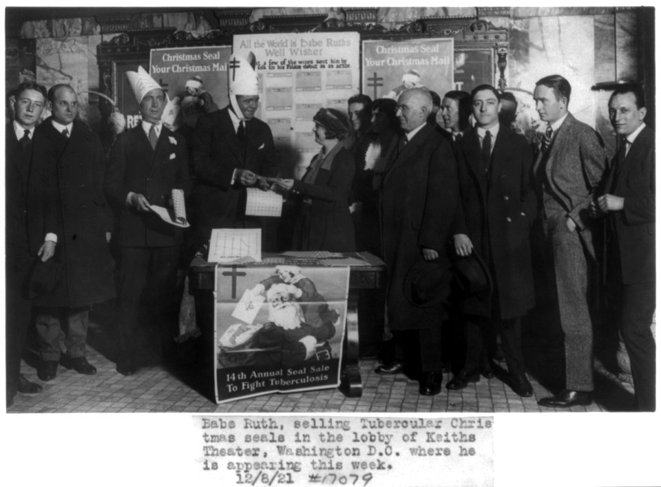 Babe Ruth selling Tubercular Christmans Seals in the lobby of Keiths Theater, Washington, D.C., where he is appearing this week LCCN92517459