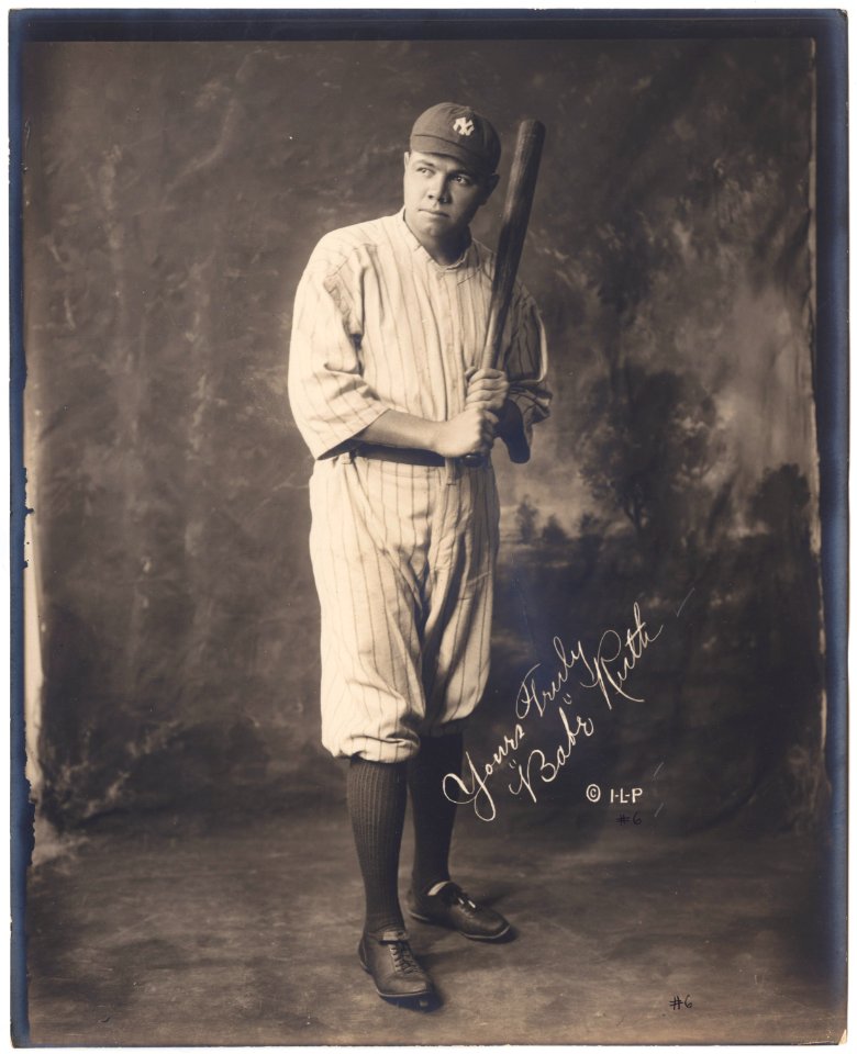 Babe Ruth, full-length portrait, standing, facing slightly left, in baseball uniform, holding baseball bat) - Irwin, La Broad, & Pudlin LCCN92507380