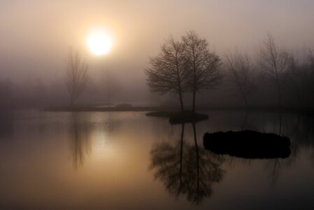 Fog reflection lake photo