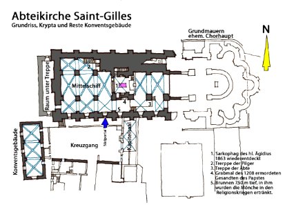 Abteikirche Saint-Gilles, Grundriss Krypta, Reste Konventsgebäude photo