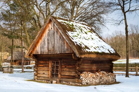 Winter old cottage wooden cottage
