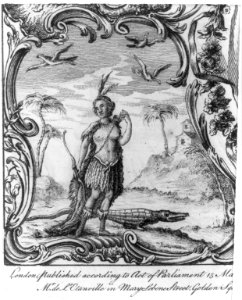 America, 1771 - title page ornamentation showing Native wearing skirt made of feathers in tropical scene with alligator and palm trees LCCN2004672677