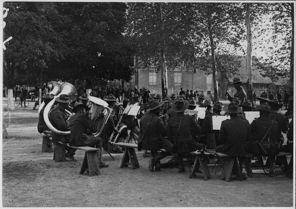 American (African American) troops giving a military concert in an Alsatian village. - NARA - 533503