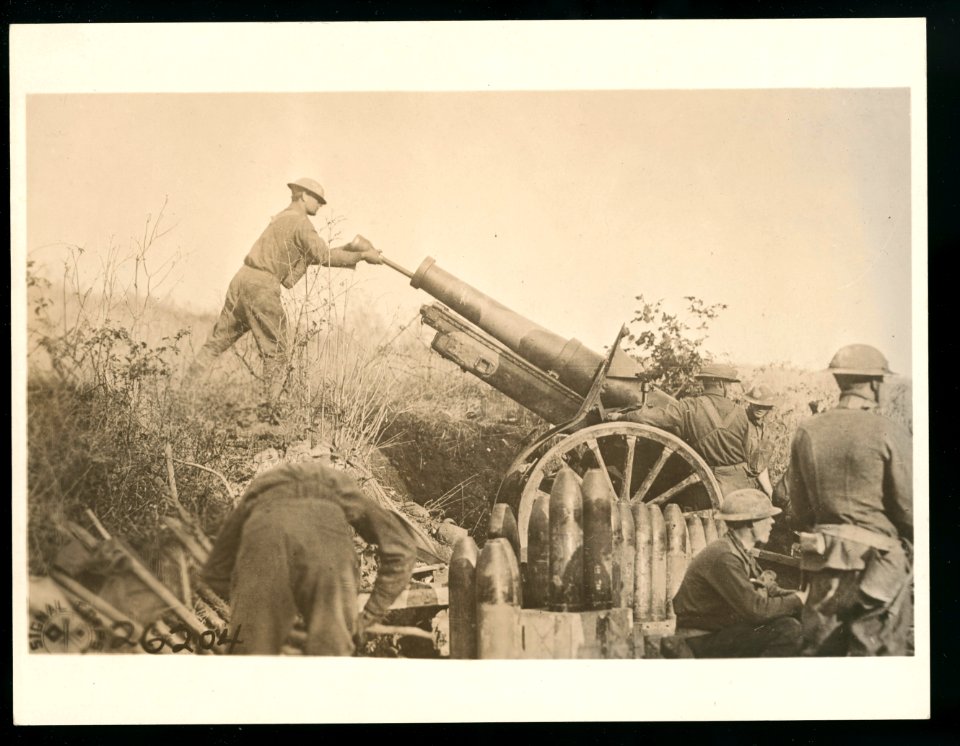 American 155 mm artillery cooperating with the 29th Div. in position on road just taken from the Germans. Bat(tery) A 324th artillery, 158(th) Brig(ade) in France - Signal Corps. LCCN2016645664