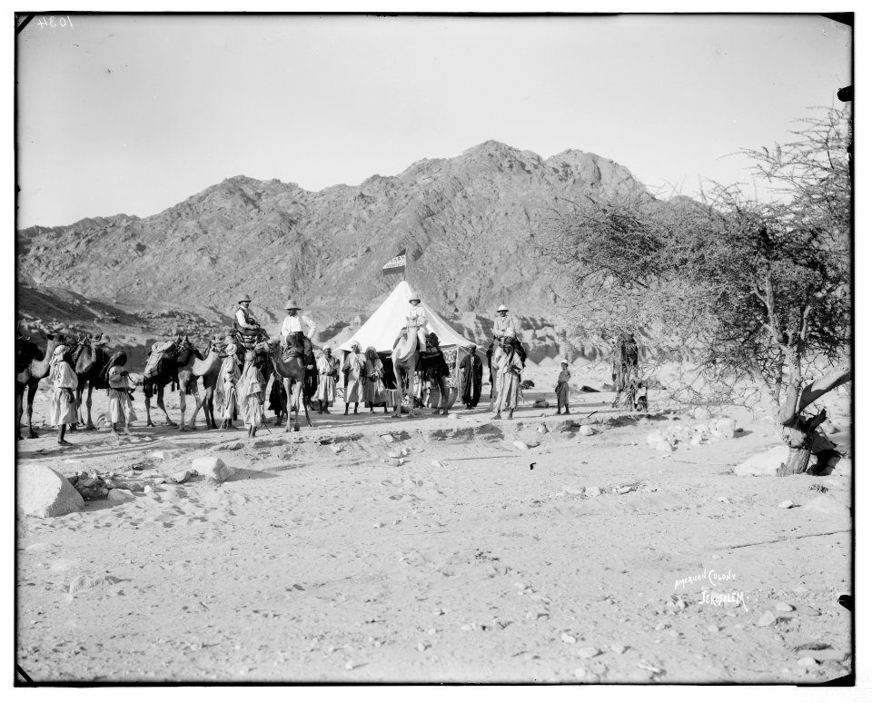 American Colony Photo Dept. expedition camp in the Sinai, Lewis Larsson on camel directly in front of tent LOC matpc.07273