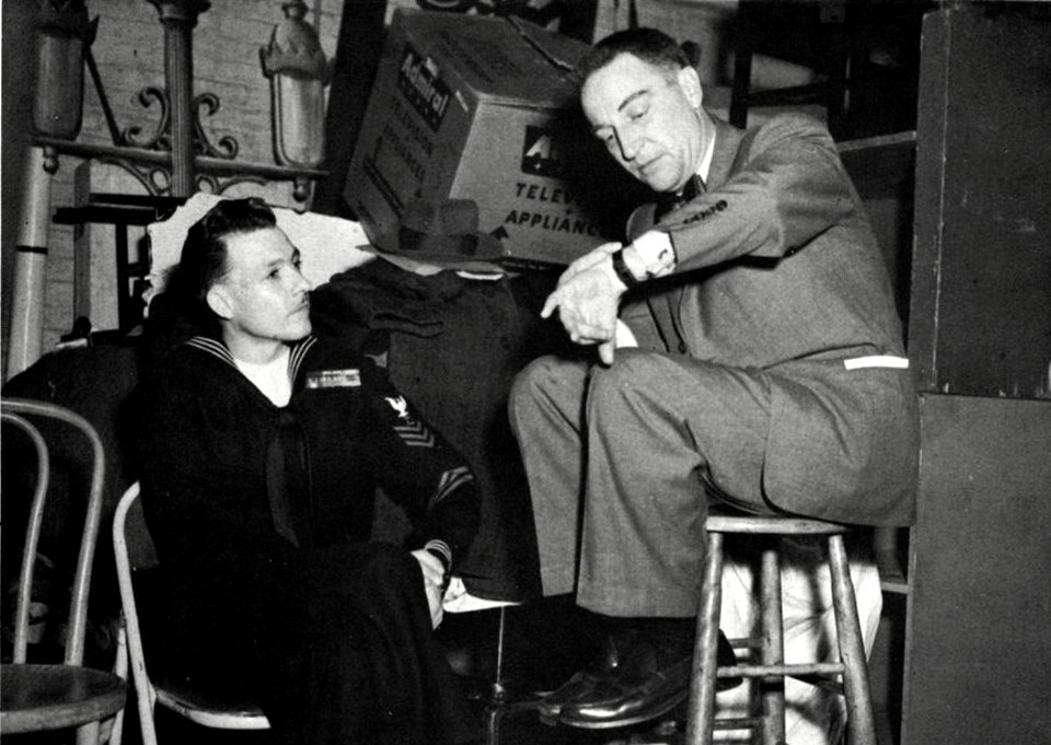 American entertainer Garry Moore aboard USS Leyte (CVS-32), in April 1956