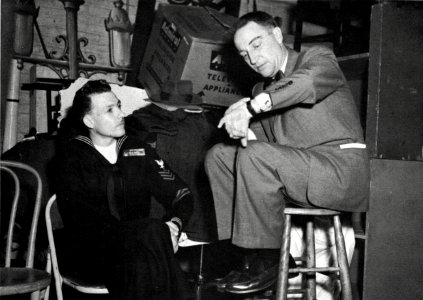 American entertainer Garry Moore aboard USS Leyte (CVS-32), in April 1956