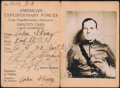 American Expeditionary Forces photo identification card for 2nd Lieutenant Ca(..) Strong LCCN2017648698