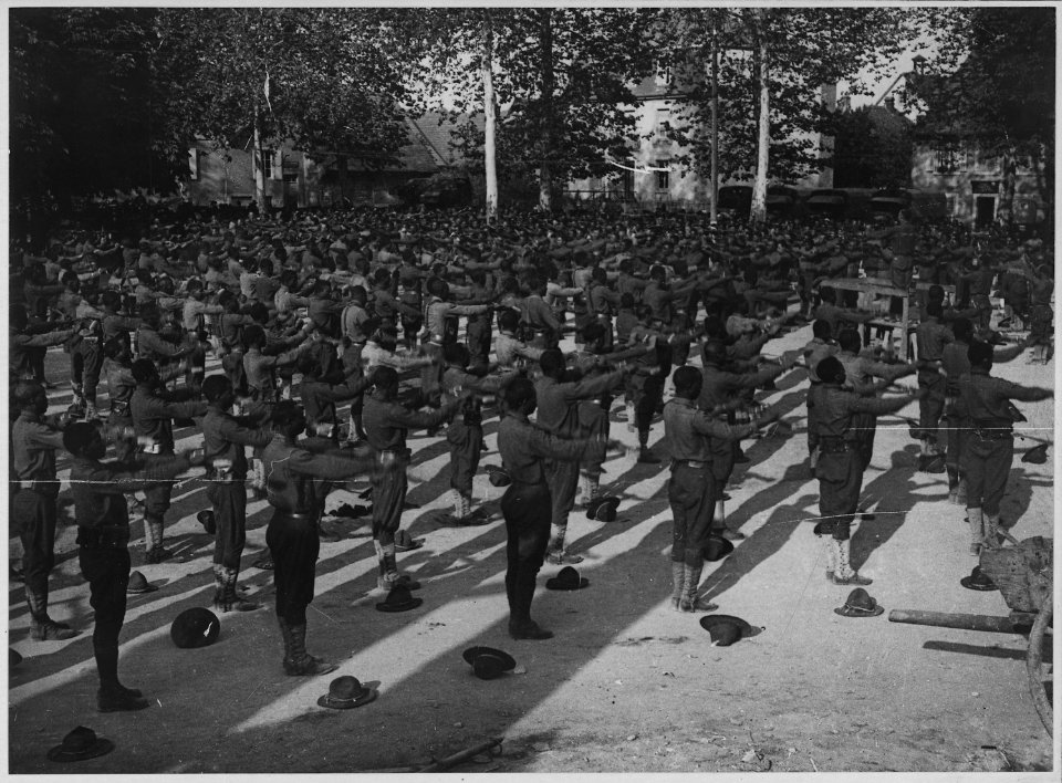 American Negro cantonment behind the lines on the Marne Front, France. Vigorous exercises before go . . . - NARA - 533502