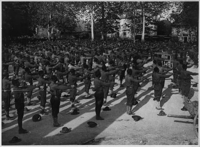 American Negro cantonment behind the lines on the Marne Front, France. Vigorous exercises before go . . . - NARA - 533502