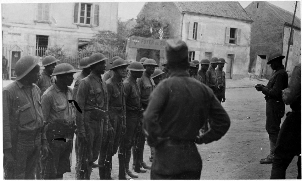 American Negro infantry in France. American Negro infantrymen at roll call somewhere in France. - NARA - 533604