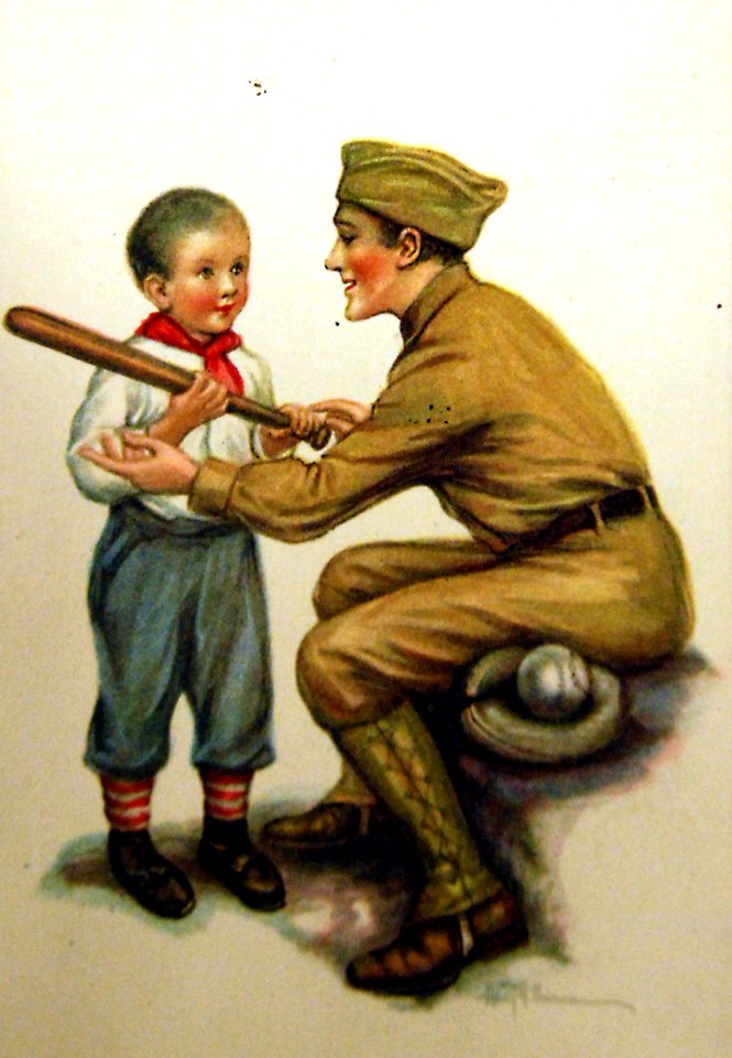 American soldier with French boy holding a baseball bat (30028477125)
