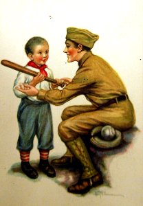 American soldier with French boy holding a baseball bat (30028477125)