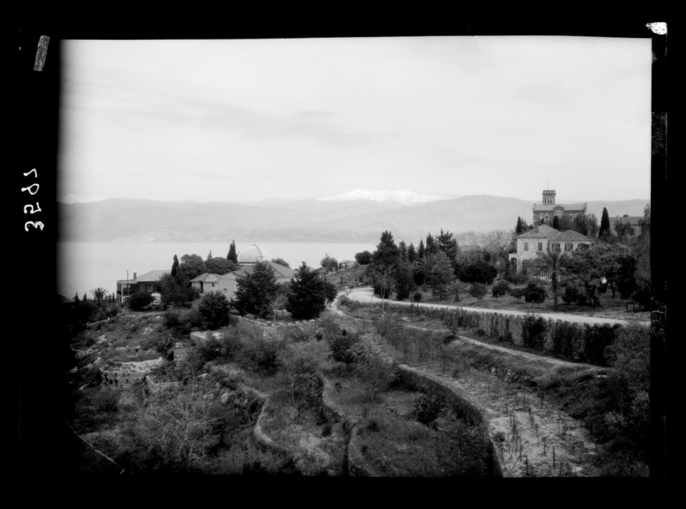 American University, Beirut, (A.U.B.). St. George's Bay and Lebanon showing snow capped Sunnin from the campus LOC matpc.15426
