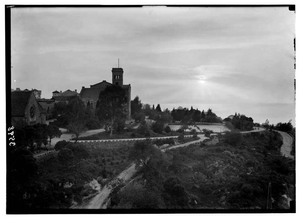 American University. Beirut, (A.U.B.). Sunset over the campus. Showing College Hall silhouette LOC matpc.02845