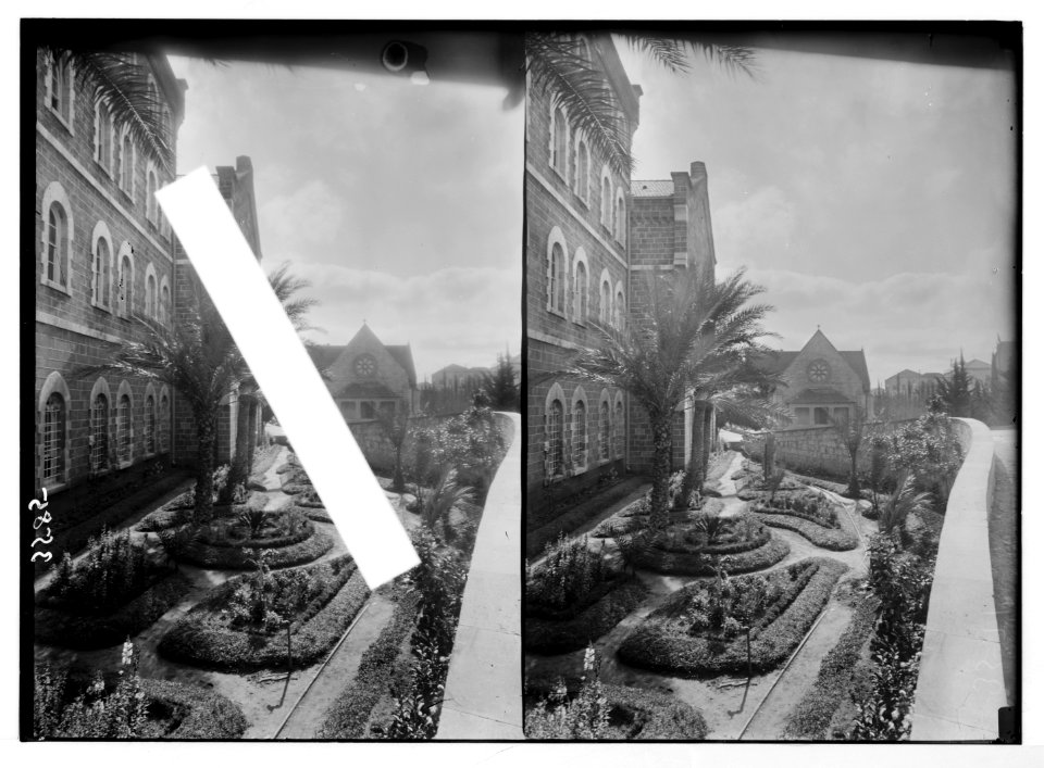 American University. Beirut, (A.U.B.). University garden showing College Hall and the chapel LOC matpc.02835