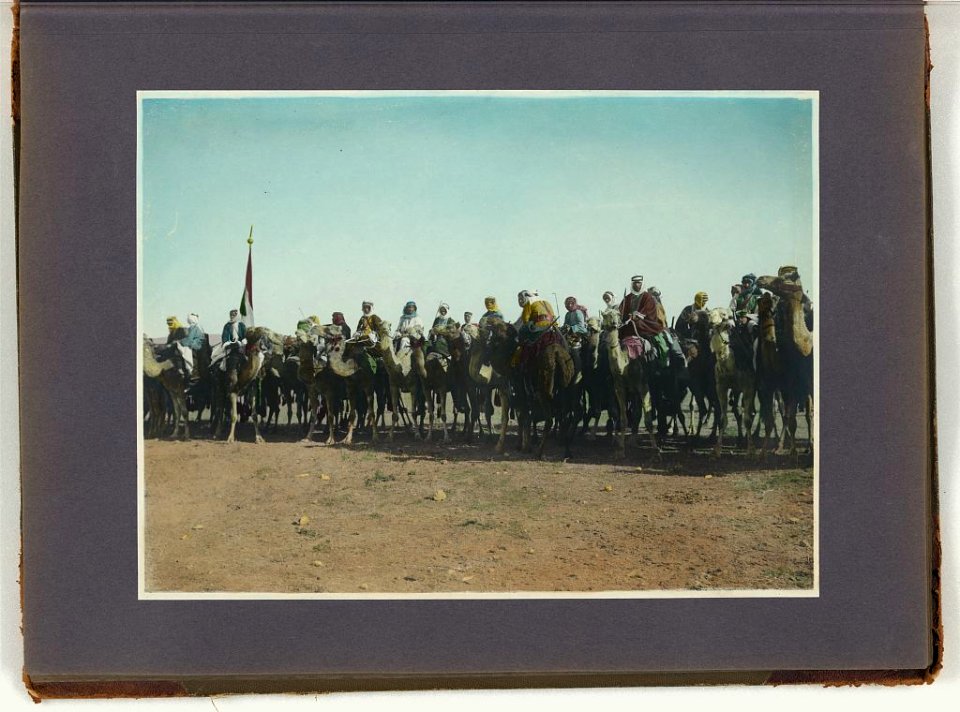 Amir Abdullah's bodyguard on camels with red, green and white standard at far left LCCN2008676390