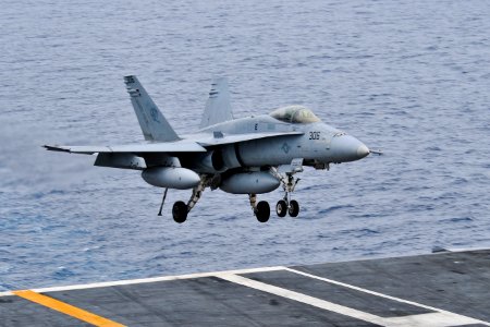 An F A-18C Hornet lands aboard USS Carl Vinson. (8720065275)
