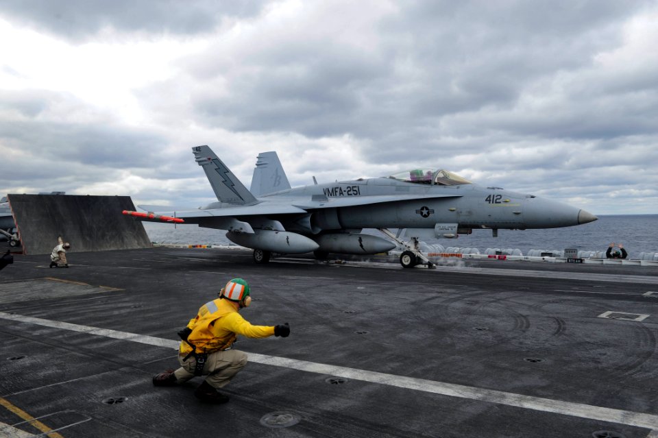 An F A-18C Hornet launches from USS Theodore Roosevelt. (16160821468)