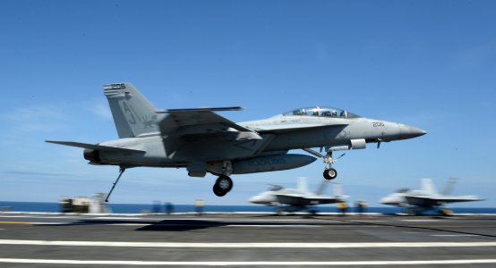 An F A-18F Super Hornet lands. (8674752721)