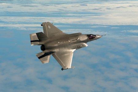 An F-35B JSF flies tests flying with missiles. (8043212532)